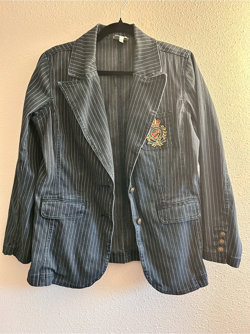 Vintage Striped Navy Blazer Jacket with Crest Patch
